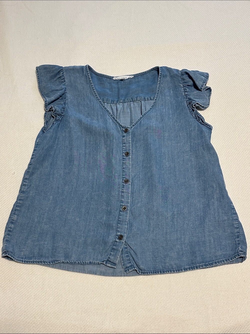 Jane and Delancey Denim-Blue Chambray Button Front Ruffle Sleeve Top